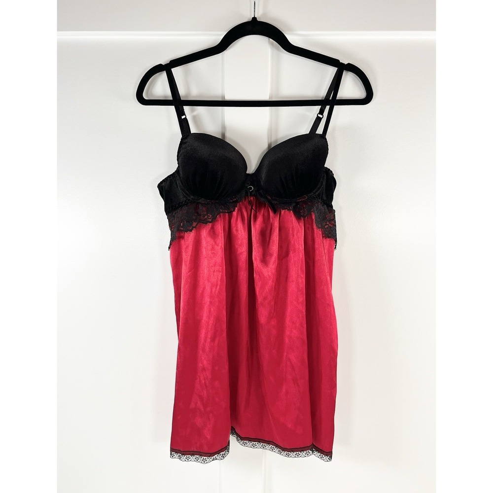 Vintage Ambrielle Y2K Babydoll Chemise Red Satin Black Velvet Lace Slip Dress M
